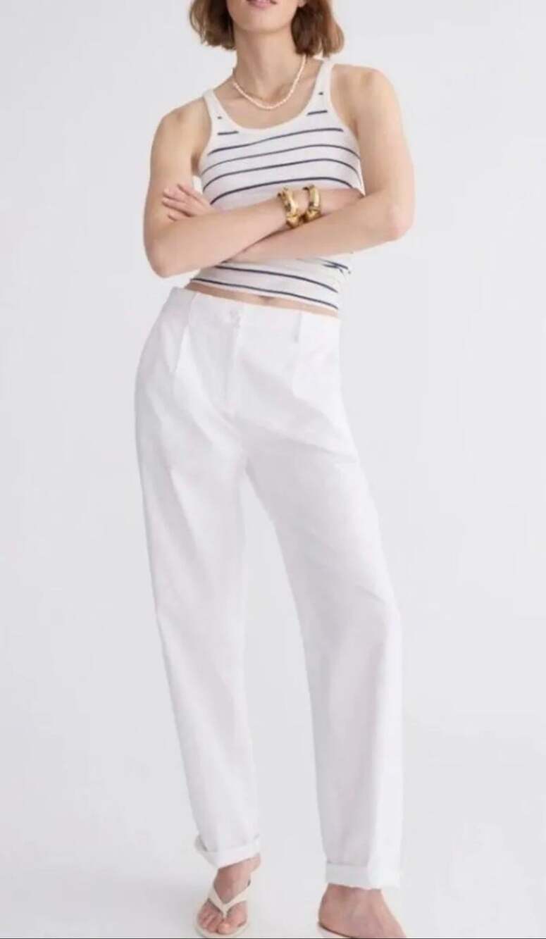 J.Crew Maritime Tapered Ripstop High-Waisted White Cotton Pleated Pants Size 6P